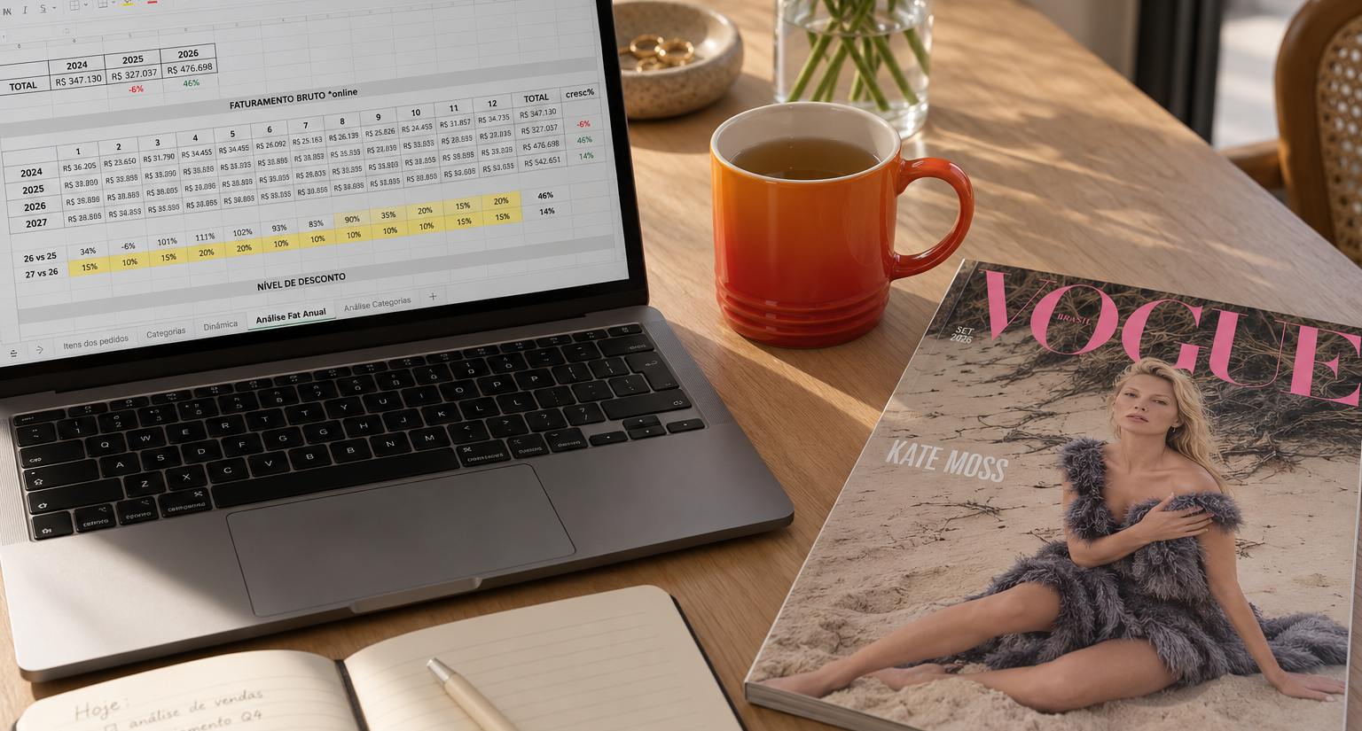 Notebook com planilha de faturamento e revista Vogue sobre a mesa